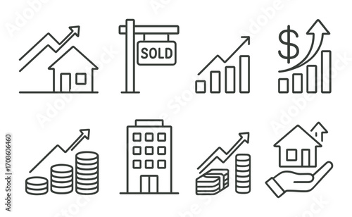 Real estate growth icons with graphs and symbols for investments