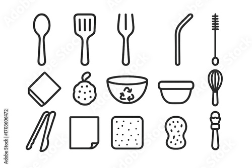 Eco-Friendly Utensil Icons. Line style icons of eco-friendly utensils: bamboo spoon, wooden spatula, compostable fork, reusable