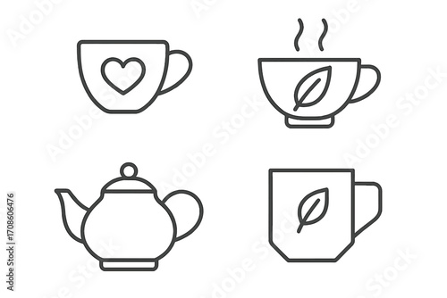 Tea Iconography. Line style icons of tea illustrations: tea icon with heart, leaf in cup, minimal steam lines, teacup silhouette;
