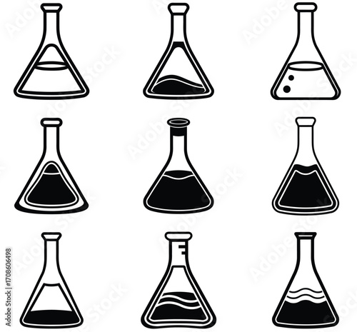 Nine black silhouette laboratory flasks with liquid inside on a white background beaker Erlenmeyer