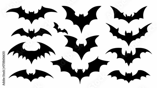 Spooky silhouettes of bats flying in formation, perfect for Halloween themed designs and spooky season projects