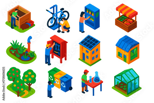 Sustainable Community Projects. Isometric vector illustration set Community sustainability projects: urban composting hub, bike