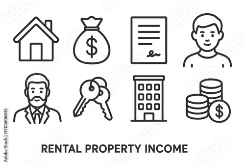Rental property income icons: real estate, finance, and people