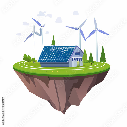 A futuristic eco-house powered by clean renewable energy on a flying landmass, a conceptual vector illustration showcasing sustainable living as the island begins to fly