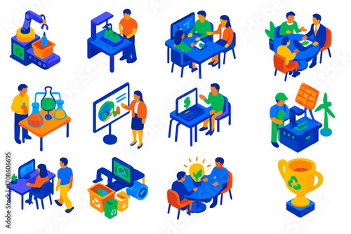 Recycling Innovation Startups. Isometric vector illustration set Recycling innovation startups: prototype recycling machine,