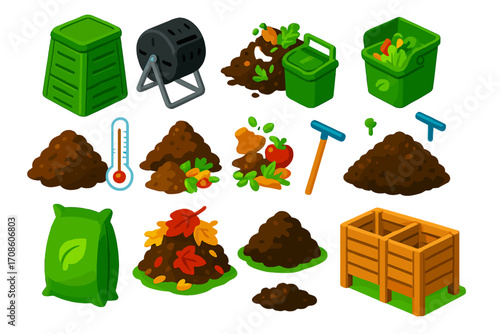 Colorful Composting Essentials. Isometric vector illustration set Composting: compost bin, compost tumbler, garden compost pile,