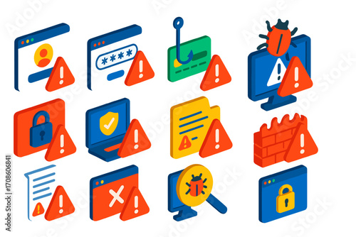 Bright Security Alert Icons. Isometric vector illustration set Security alerts: suspicious login popup, password breach