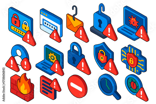 Bright Security Alert Icons. Isometric vector illustration set Security alerts: suspicious login popup, password breach