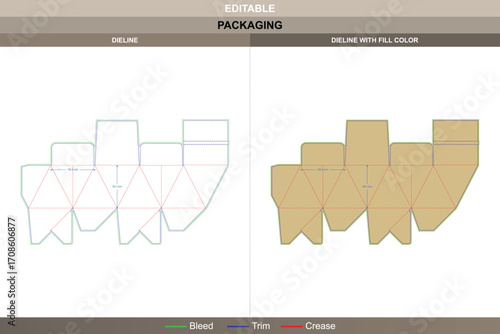 Custom size triangle polygonal box dieline for creative packaging, editable carton template with fold structure and branding options including detailed die line
