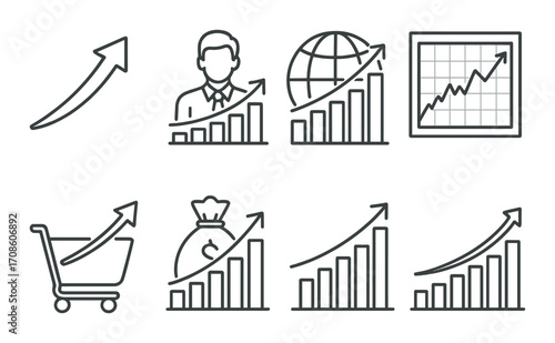 Business growth icons: graphs, charts, and economic progress illustrations