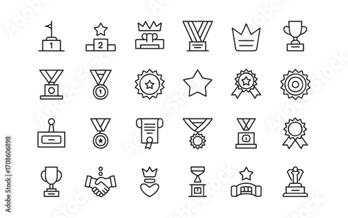 Simple line art icons representing awards and achievements on white background