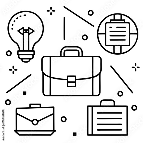 Flat vector icons of business and office elements, minimal style, clean lines, pastel colors, white background, suitable for infographics, scalable