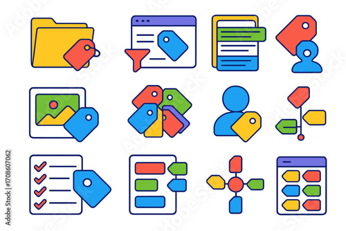 Vibrant Tag Icons. Isometric vector illustration set Tag usage: file folder with tag, online tag filter, tag selection dropdown,