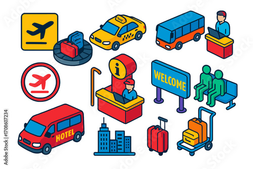 Airport Arrival Icons. Isometric vector illustration set Destination arrival: airport arrivals sign, baggage claim belt, taxi