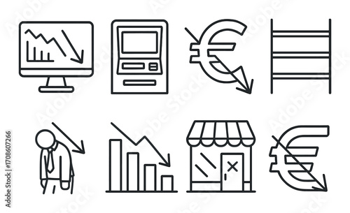 Economic downturn icons: financial crisis and decline symbols