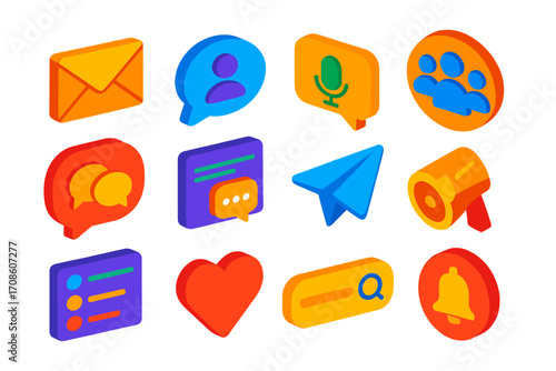 Communication Channels Icons. Isometric vector illustration set Communication channels: email envelope, video chat bubble, voice