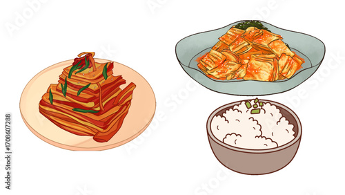 Vibrant Korean kimchi and fluffy white rice beautifully illustrated for culinary inspiration