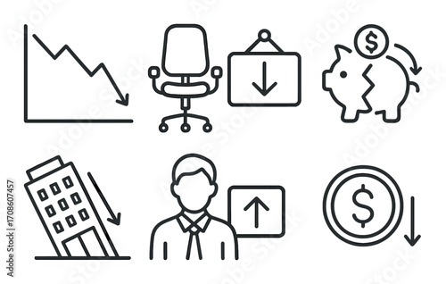 Economic decline icons: business loss, recession, bankruptcy, downward trends, inflation