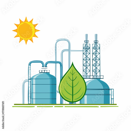 Vector illustration of a green energy refinery, a sustainable industrial plant where eco-friendly ideas fly, representing clean technology and biofuel production flying towards a sustainable future