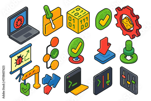 Bug Fixing Tools. Isometric vector illustration set bug fixing and development tools: laptop with red bug alert, screwdriver in