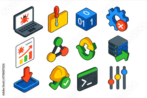 Bug Fixing Tools. Isometric vector illustration set bug fixing and development tools: laptop with red bug alert, screwdriver in