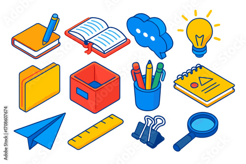 Creative Tools Icons. Isometric vector illustration set writing and ideas: pen and notebook, open diary with bookmark, chat bubble
