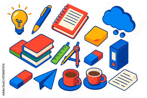 Creative Tools Collection. Isometric vector illustration set writing and ideas: creative lamp, ball pen, spiral notebook,