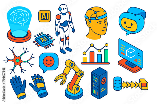 AI Technology Icons. Isometric vector illustration set artificial intelligence and brainwave technology: holographic neural map,