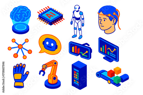 AI Technology Icons. Isometric vector illustration set artificial intelligence and brainwave technology: holographic neural map,