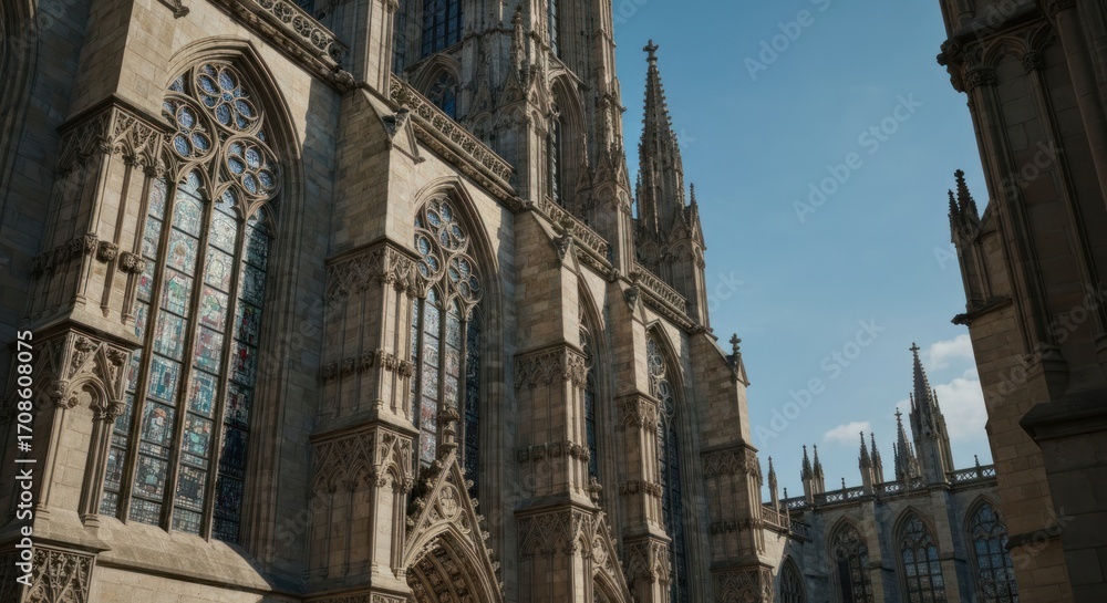 Fototapeta premium Gothic cathedral facade, detailed stonework, stained glass