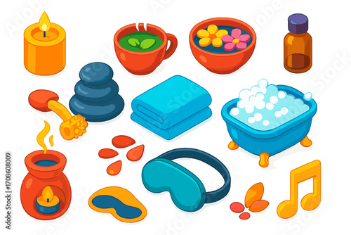 Wellness Icons Collection. Isometric vector illustration set relaxation icons for wellness: teapot with herbal infusion, oil