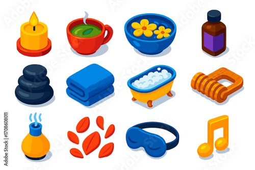 Wellness Icons Collection. Isometric vector illustration set relaxation icons for wellness: teapot with herbal infusion, oil