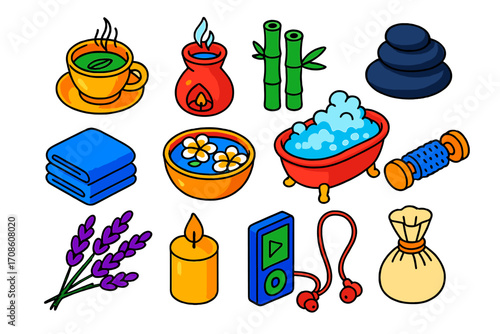 Wellness Relaxation Icons. Isometric vector illustration set relaxation icons for wellness: herbal tea cup, oil diffuser, bamboo