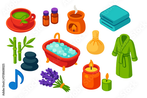 Wellness Relaxation Icons. Isometric vector illustration set relaxation icons for wellness: tea cup with saucer, essential oil