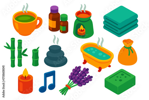 Wellness Relaxation Icons. Isometric vector illustration set relaxation icons for wellness: ceramic tea cup, essential oil bottles