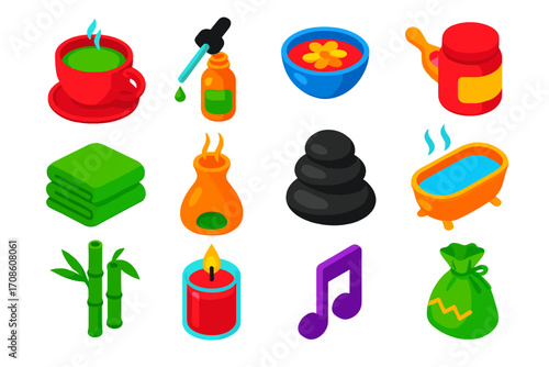 Wellness Relaxation Icons. Isometric vector illustration set relaxation icons for wellness: tea cup, dropper oil bottle, flower