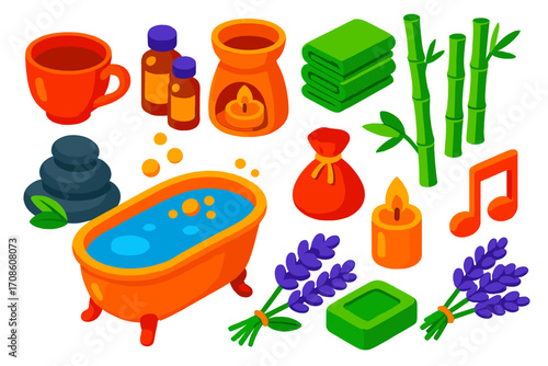 Wellness Relaxation Icons. Isometric vector illustration set relaxation icons for wellness: ceramic tea cup, essential oil bottles