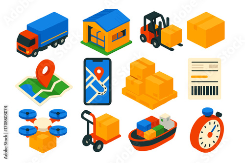 Logistics Icons Set. Isometric vector illustration set logistics and delivery: freight truck, open warehouse, forklift lifting box