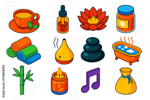 Wellness Relaxation Icons. Isometric vector illustration set relaxation icons for wellness: tea cup, dropper oil bottle, flower