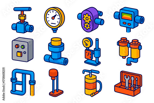 Industrial Automation Icons. Isometric vector illustration set industrial automation: needle valve, analog pressure meter, gear