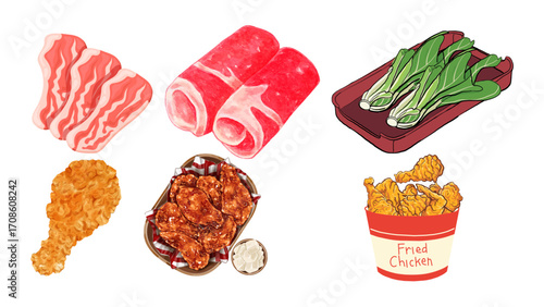 Delicious Korean BBQ ingredients and crispy fried chicken feast ready to enjoy