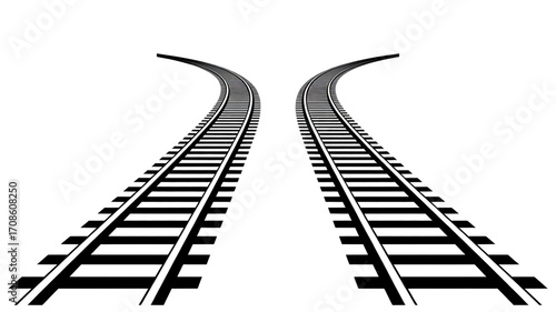 Minimal black and white illustration of two curved train tracks