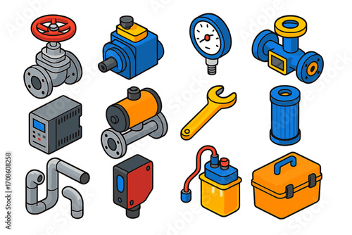 Industrial Automation Icons. Isometric vector illustration set industrial automation: gate valve, hydraulic pump, analog pressure