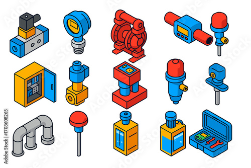 Industrial Automation Icons. Isometric vector illustration set industrial automation: pneumatic valve, pressure transmitter,