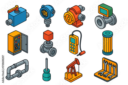 Industrial Automation Tools. Isometric vector illustration set industrial automation: pneumatic valve, digital pressure
