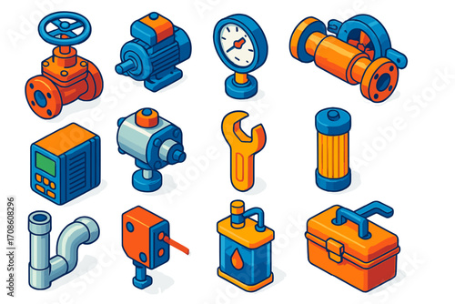 Industrial Automation Icons. Isometric vector illustration set industrial automation: gate valve, hydraulic pump, analog pressure