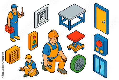 Industrial Workshop Icons. Isometric vector illustration set worker, vent, table, filter, control device, and door: maintenance
