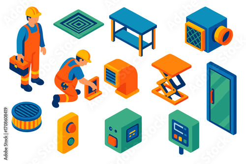 Industrial Workshop Icons. Isometric vector illustration set worker, vent, table, filter, control device, and door: maintenance