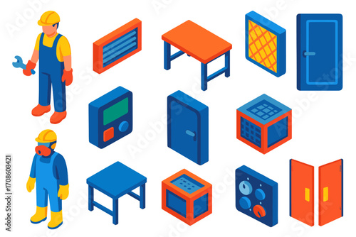 Engineering Equipment Icons. Isometric vector illustration set worker, vent, table, filter, control device, and door: construction
