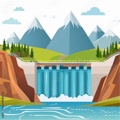 A powerful hydroelectric dam vector illustration where eagles fly high, with powerful water flying through the spillway gates in a majestic mountain landscape